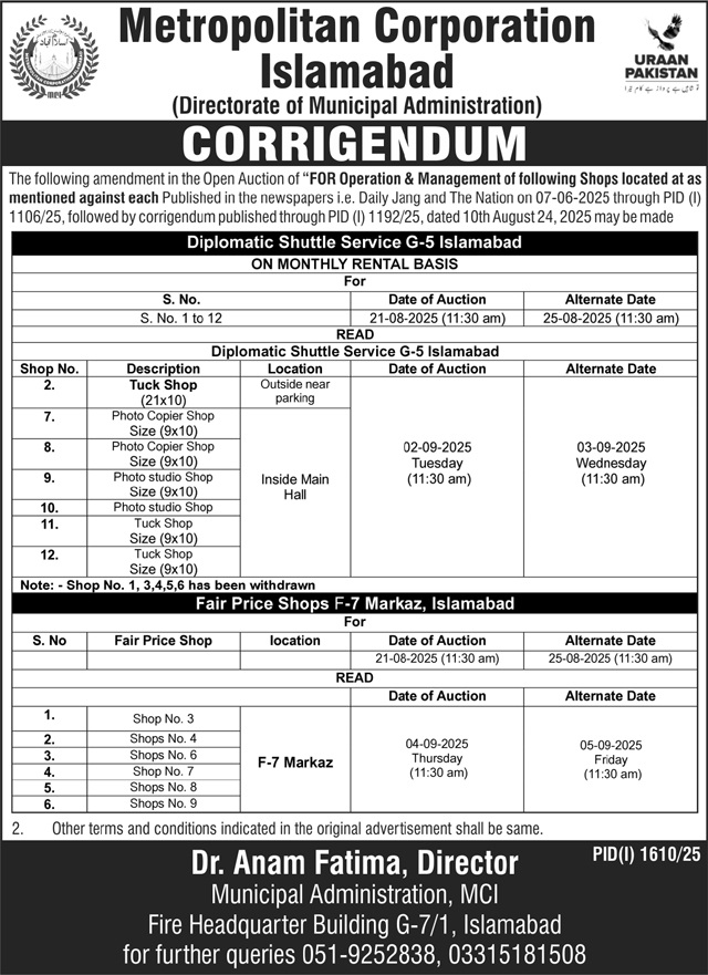 Metropolitan Corporation Islamabad Tender Notice